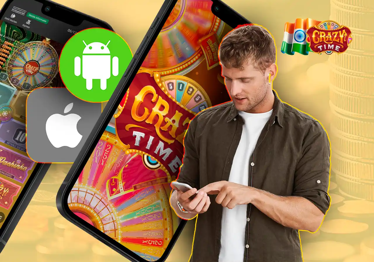 Crazy Time logo in cell phone player and iOS and Android icons