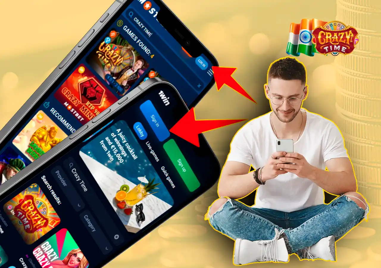 Screenshots of different casinos showing the login button and a person looking at the mobile screen