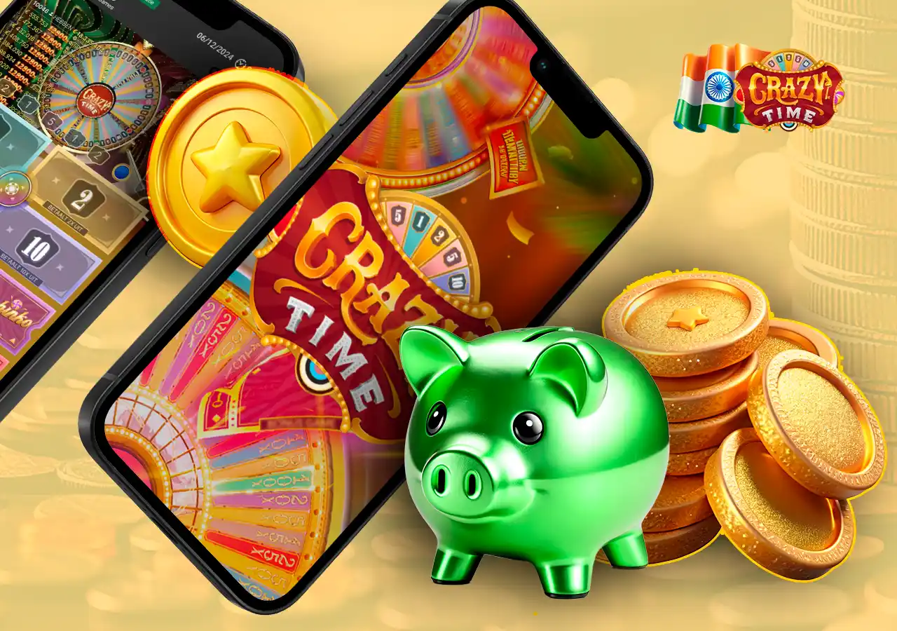 Crazy Time logo, piggy bank and coins