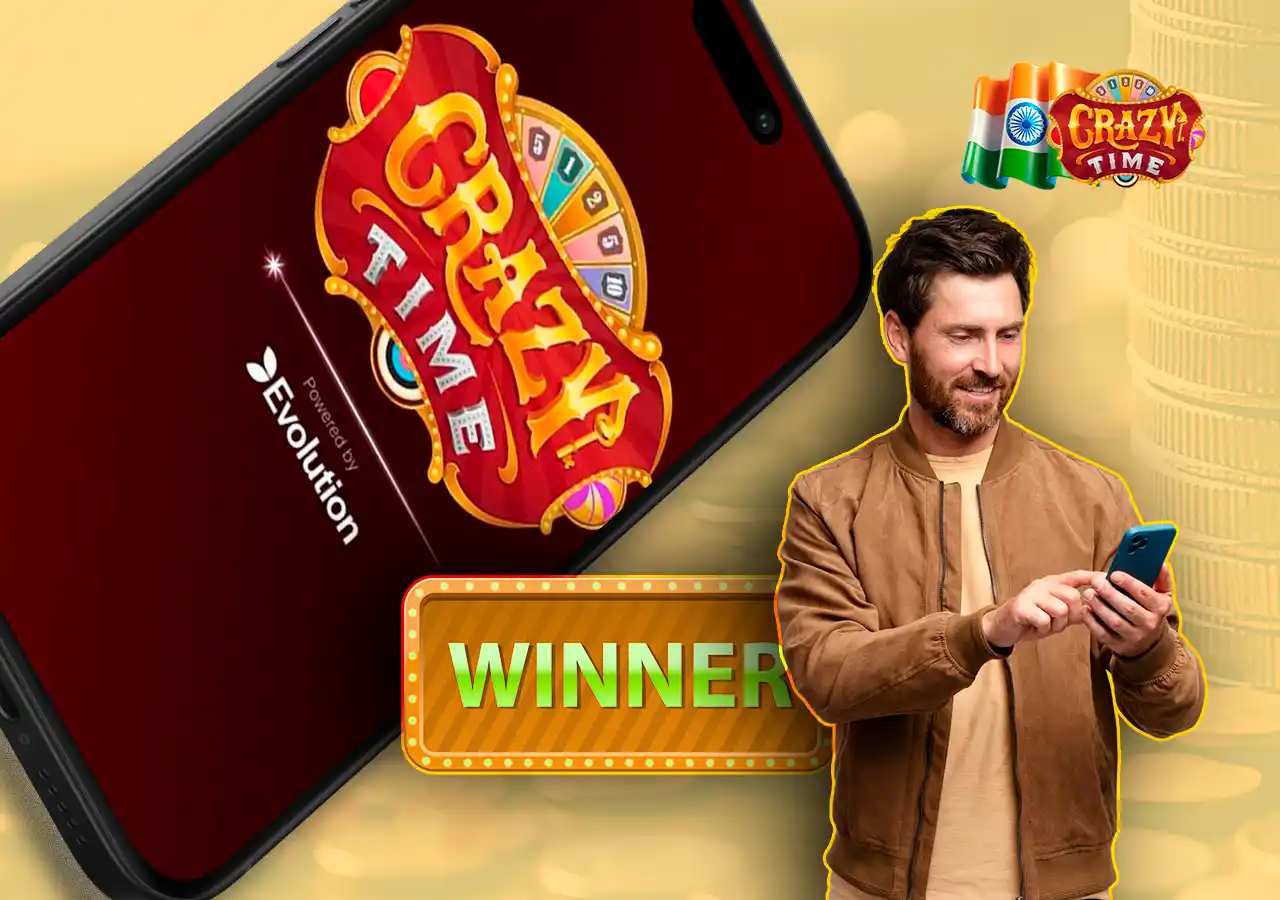 Crazy Time logo, man looking into cell phone screen and Winner banner