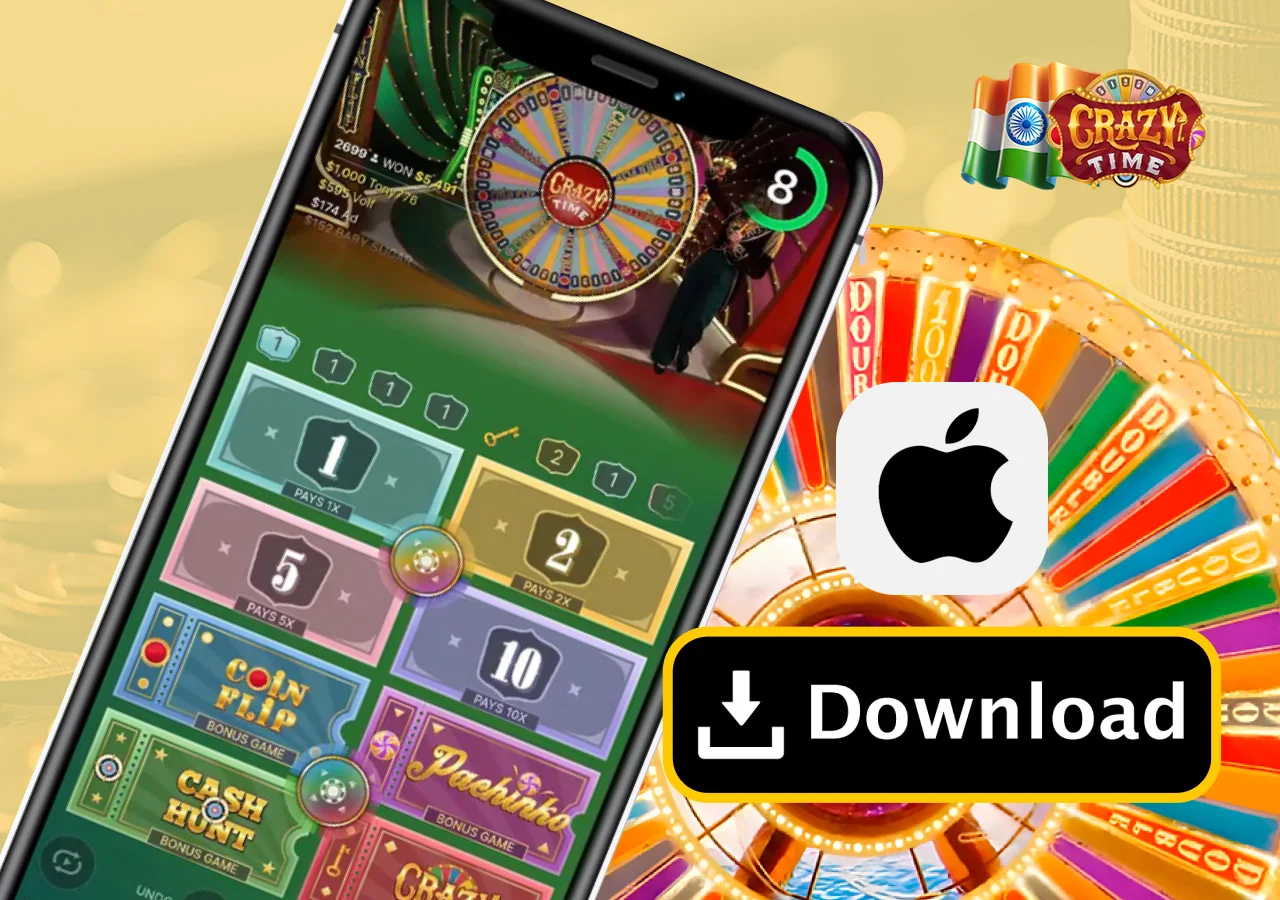 Instructions for iPhone and iPad users to install the Crazy Time app via the App Store.